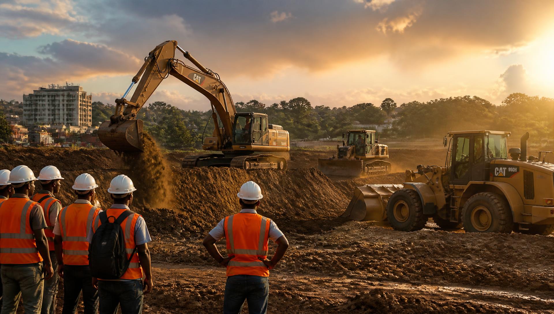 Chantier moderne à Douala avec pelle hydraulique, bulldozer et apprenants CFPMEEL en équipements de protection