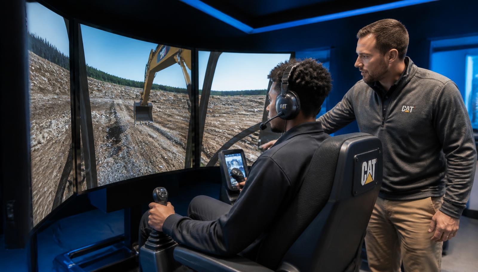 Apprenant CFPMEEL sur simulateur professionnel de conduite d'engins lourds